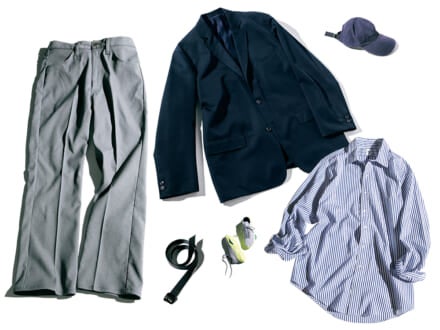秋イチに買うべき3選、使えるグレーパンツ、ストライプシャツ、紺ジャケット！