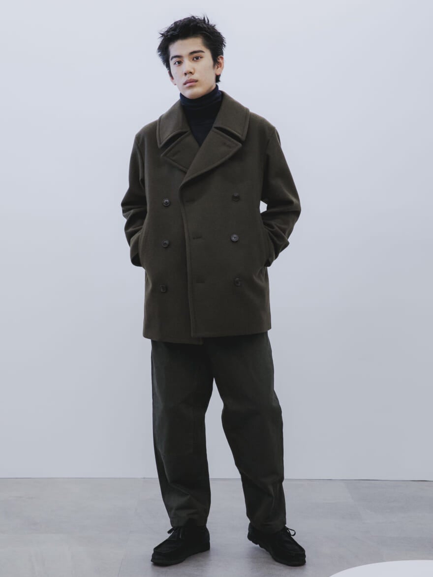 UNIQLO +J Fall/Winter Collection 2021　ユニクロ　ジル・サンダー　ウールブレンド オーバーサイズピーコート　イージーワークパンツ　稲井 孝太朗　スタイル