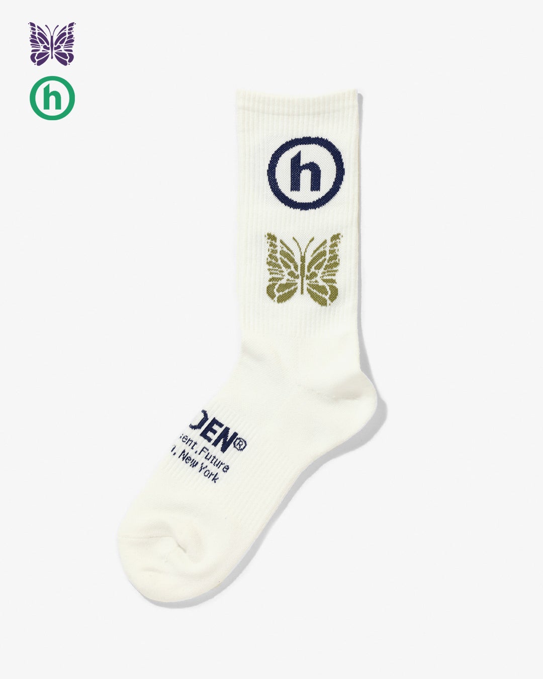 NEEDLES×HIDDEN　ニードルズ×ヒドゥン　コラボレーションアイテム　第一弾　Jacquard Socks – Papillon x Hidden ￥2,530 White x Blue x Khaki