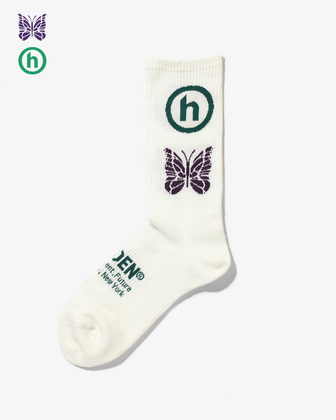 NEEDLES×HIDDEN　ニードルズ×ヒドゥン　コラボレーションアイテム　第一弾　Jacquard Socks – Papillon x Hidden ￥2,530 White x Green x Purple