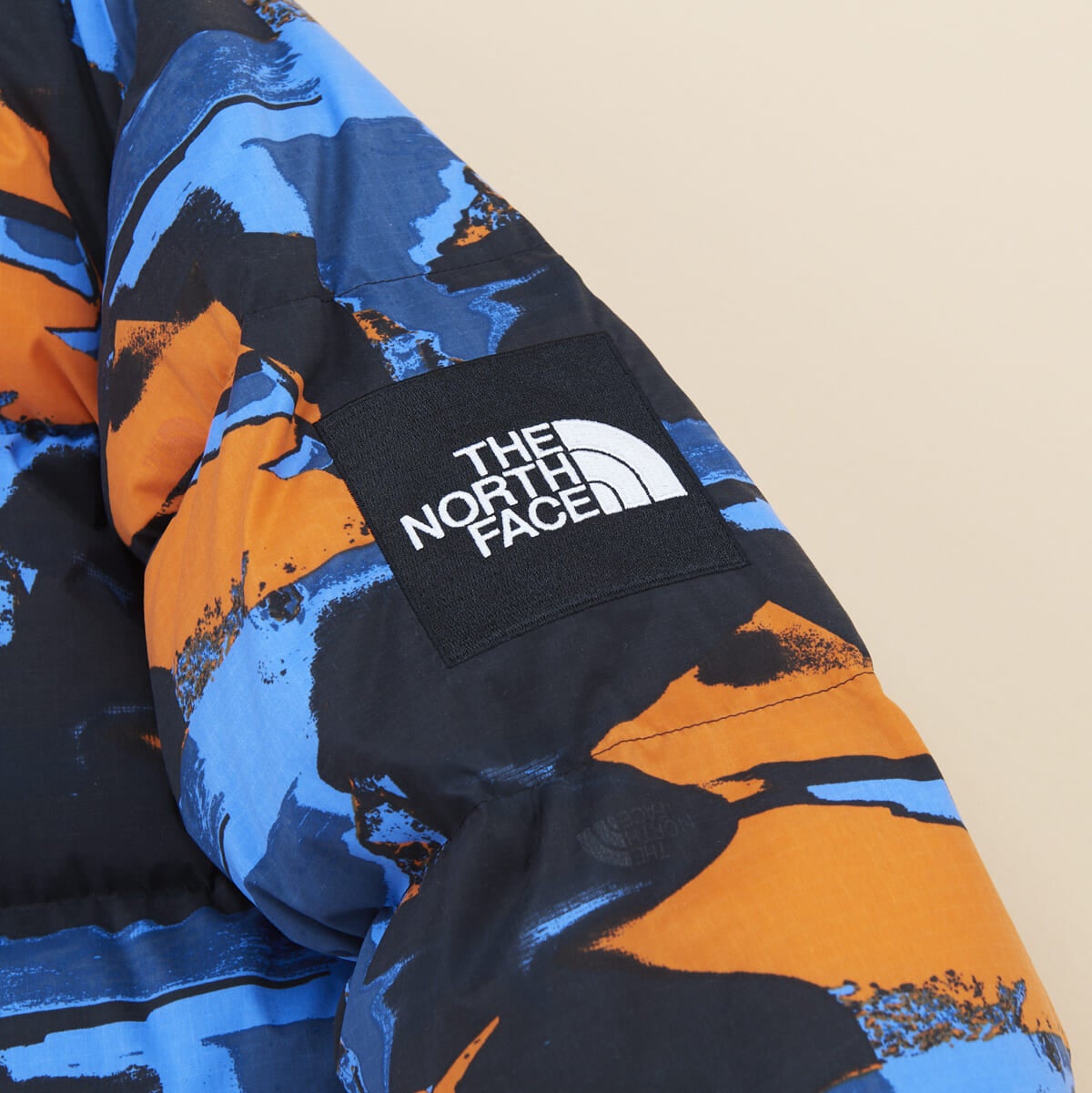 ザ・ノース・フェイスのダウンジャケット「ノベルティキャンプシエラショート」の２３年新作の袖のロゴ