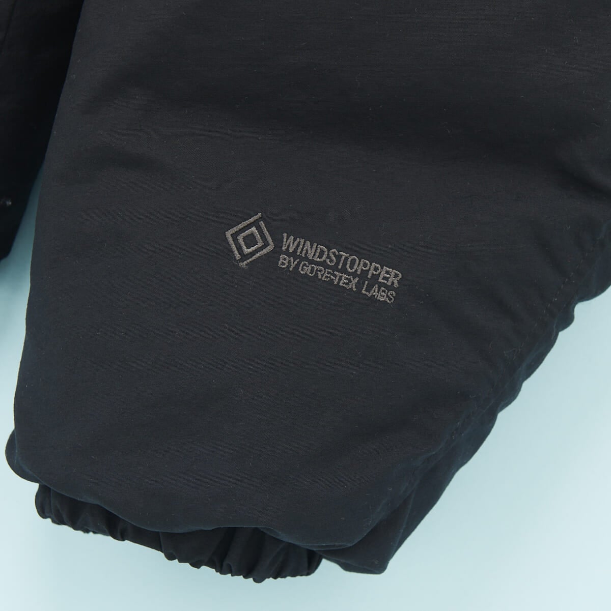「ザ・ノース・フェイス」の23年冬の新作黒ダウンジャケット「オルタレーションシエラジャケット」の袖のウィンドストッパーのロゴ