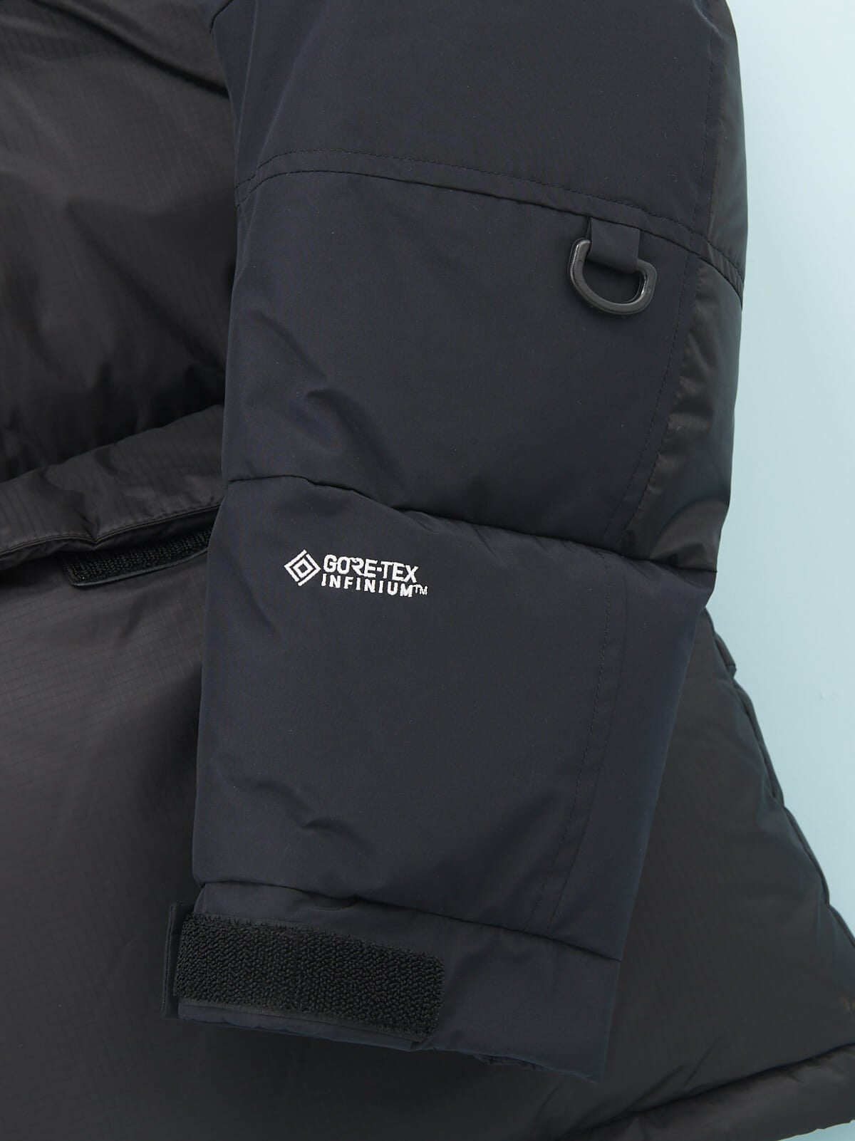 「ザ・ノース・フェイス」の23年冬の新作黒ダウンジャケット「ヒムダウンパーカ」の袖のゴアテックスロゴ