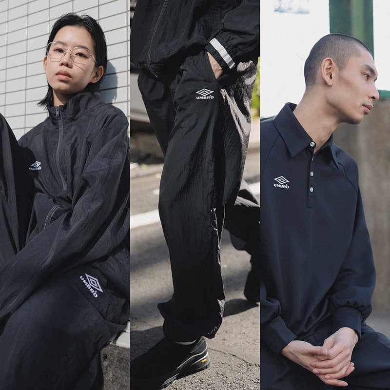 M TO R(ムウトアール)とUMBRO(アンブロ)のコラボアイテムを着用する男性モデル3名