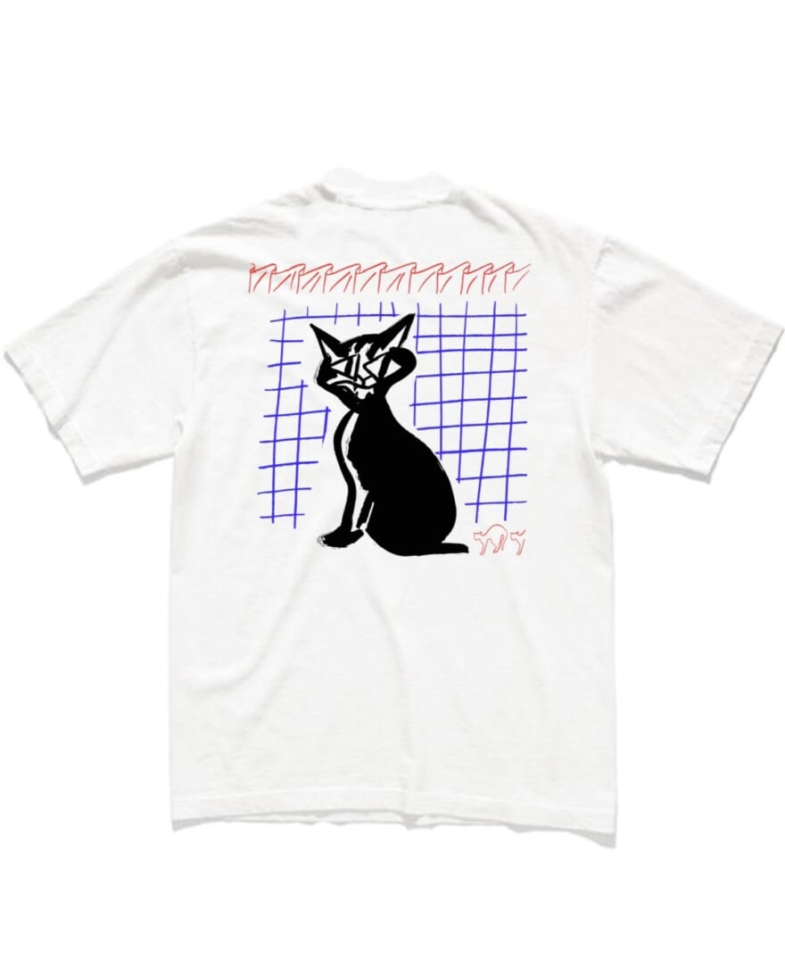 PIZZA SLICE　ピザスライス 原宿のキャットストリート 新店舗 PIZZA SLICE×Shohei Takasaki Tシャツ　背面王林と　猫