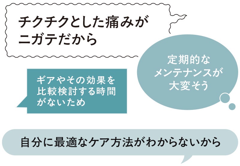 「チクチクとした痛みニガテだから」「定期的なメンテナンスが大変そう」「ギアやその効果を比較検討する時間がないため」「自分に最適なケア方法がわからないから」
