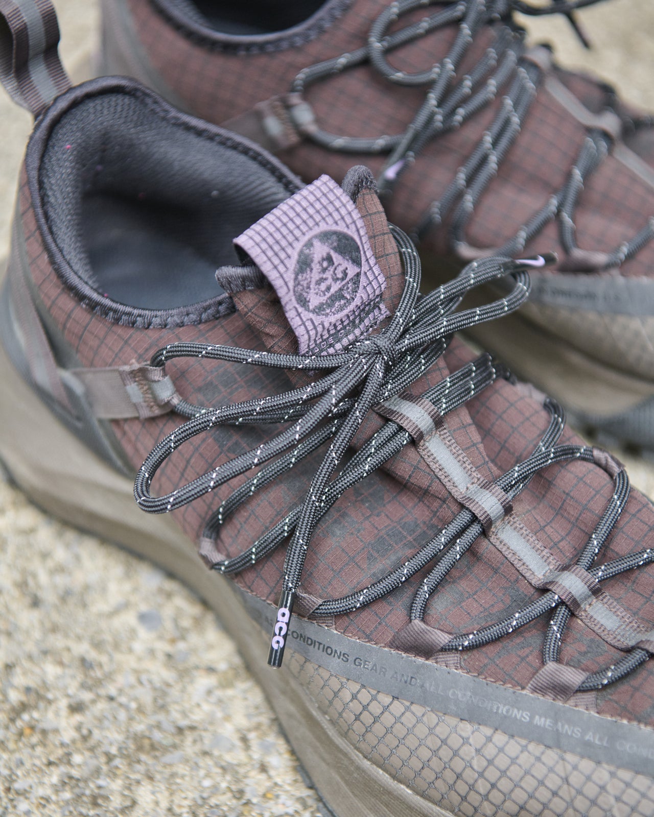 NIKEのACG Mountain Fly Low　シュータンのロゴ寄り