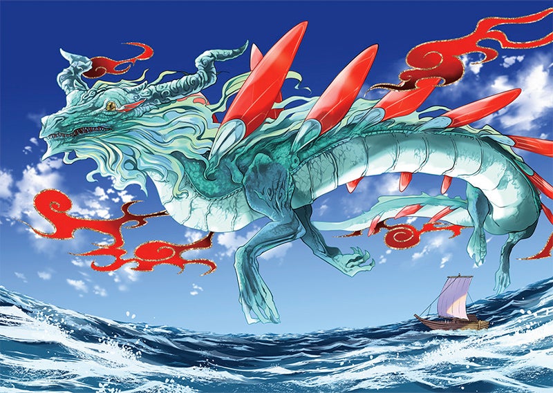 マンガ『竜送りのイサギ』より、竜が見開きで登場するシーン。圧倒的な表現力に目を奪われる。