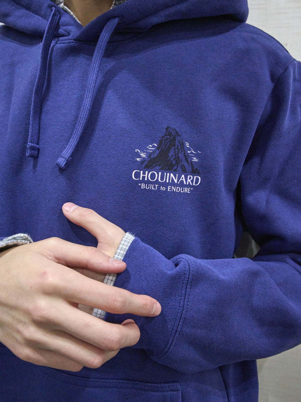 パタゴニアのシュイナード・クレスト・アップライザル・フーディの胸ロゴ寄り