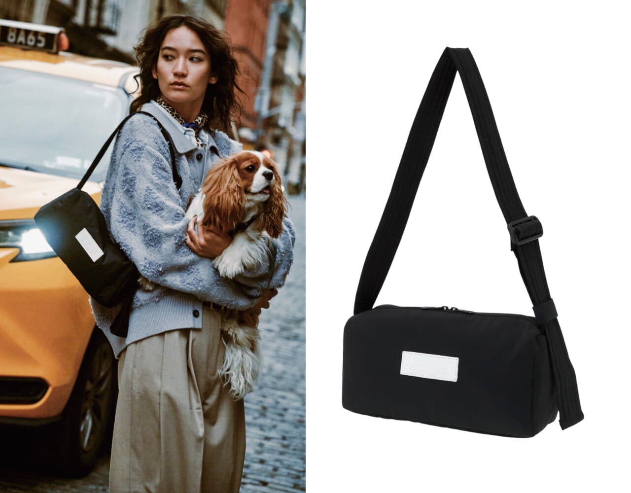 マンハッタンポーテージ(Manhattan Portage)ホワイトラベルのショルダーバッグ、「ヨンカーズ バッグ パデッド ポリエステル ポプリン」を肩にかけている女性モデル