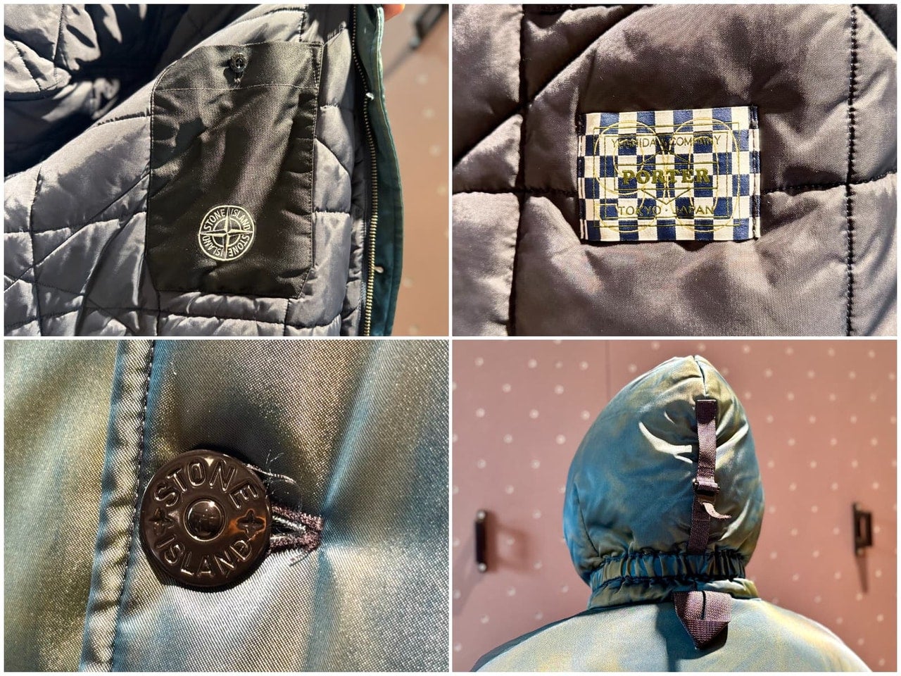 ポーター×ストーンアイランド「Stone Island | Porter_Hand Corrosion on Nylon Twill Hooded Parka」ロゴなどのコラージュ