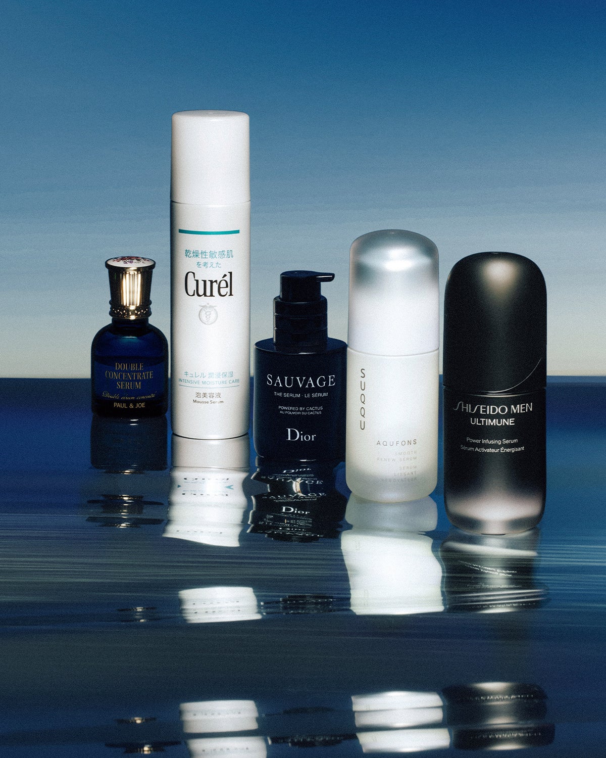 SHISEIDO メンのアルティミューン™ パワライジング セラム、SUQQUのアクフォンス スムース リニュー セラム、ディオールのソヴァージュ セラム、キュレルの潤浸保湿 泡美容液、ポール & ジョー ボーテのダブル コンセントレートセラム
