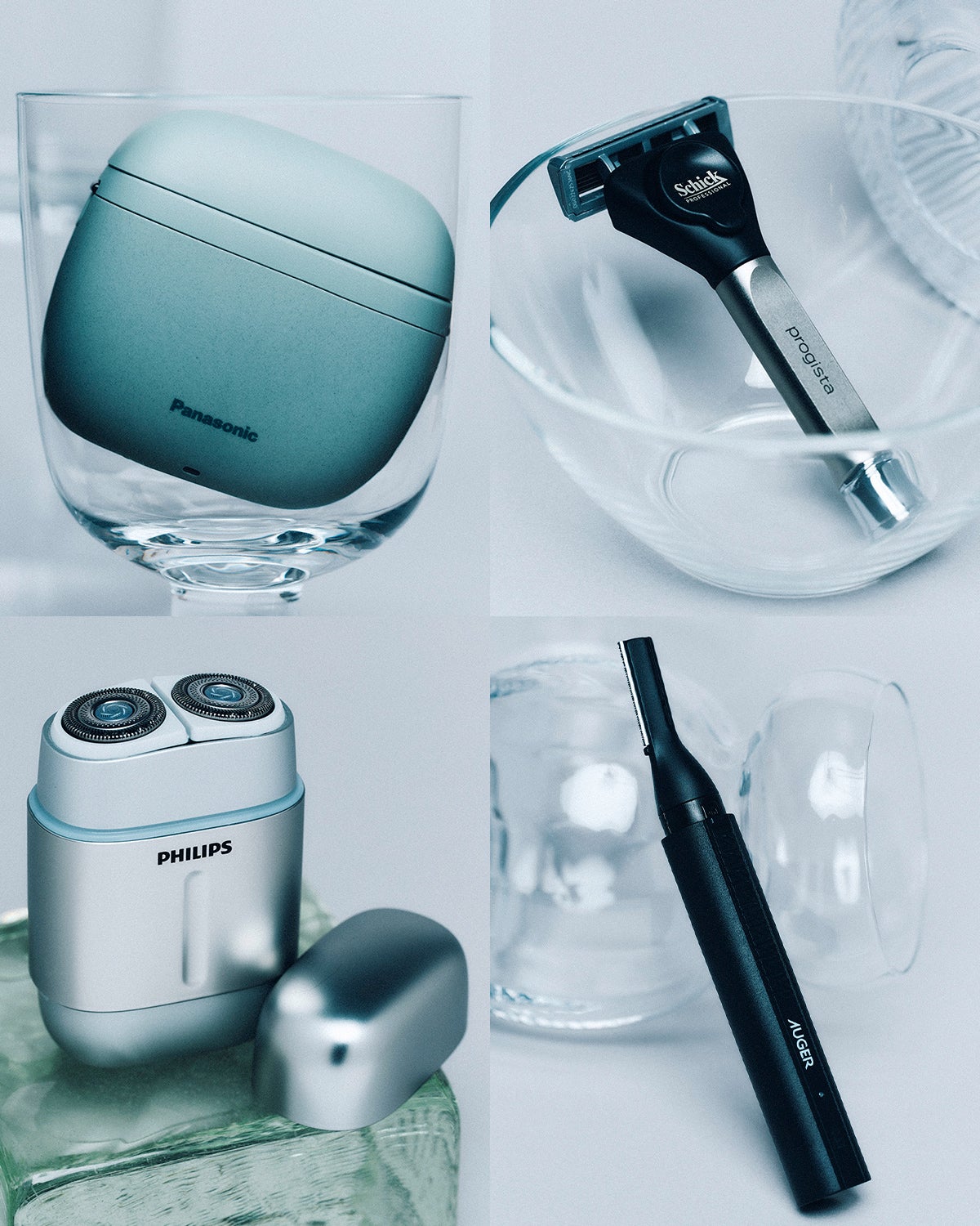 プロジスタの6枚刃シェーバーホルダー(刃付き)、パナソニックのラムダッシュ パームイン LITE ES-P330U、AUGERの電動フェイス&ノーズトリマー、フィリップスのShaver 700 Series 電動コンパクトシェーバー