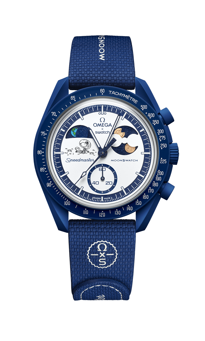 オメガとスウォッチとスヌーピーのコラボ腕時計　2025年11月発売の「ビーバームーン」モデルの全景２