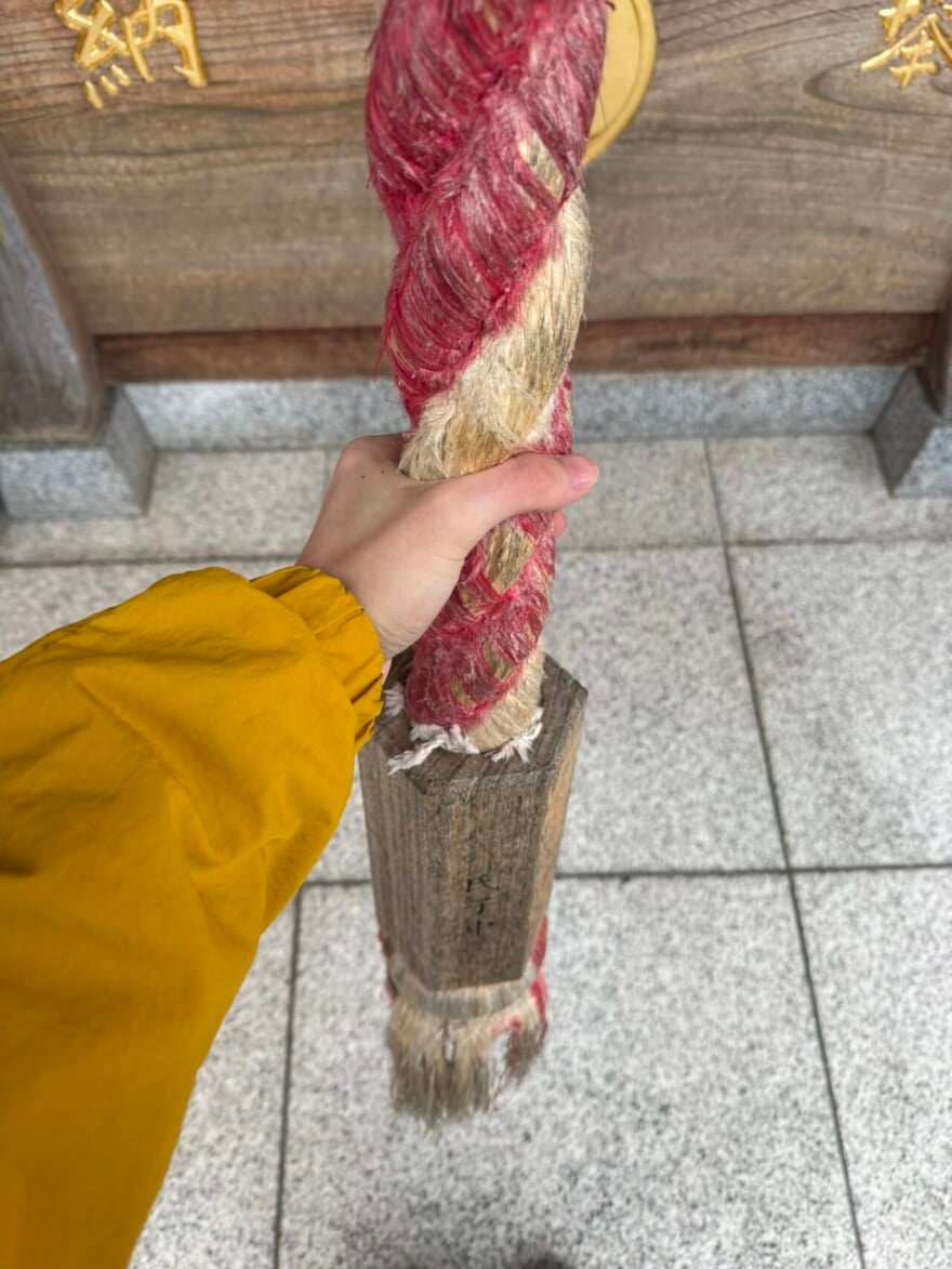 神社の鈴緒を握る石川愛大の手