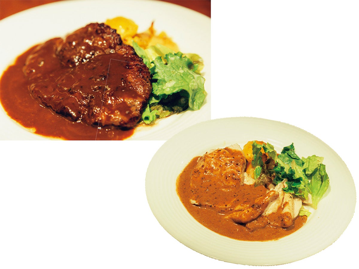 ハンバーグステーキと鶏の蒸し焼き粒マスタード