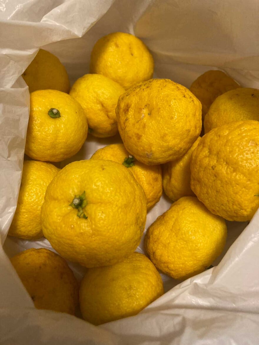 ゆずが袋にたくさん入っている。