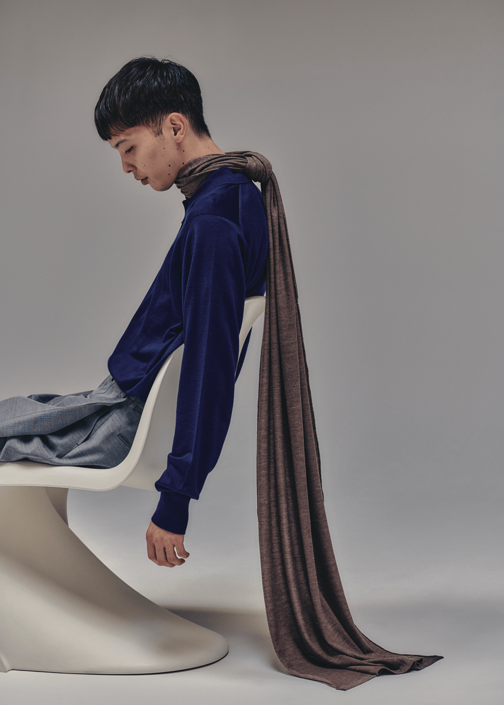 ジョンスメドレー、大判ウールニットストール、座りカット、守屋光治