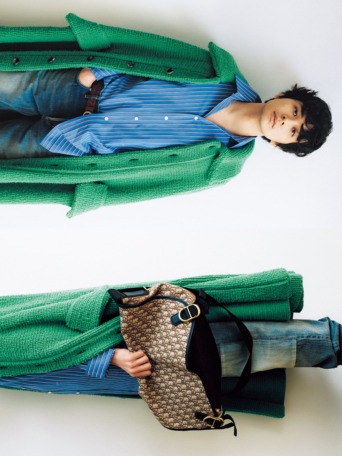 Diorのメンズコートとシャツ、「ディオールジェット」バッグを着用する北村匠海さん