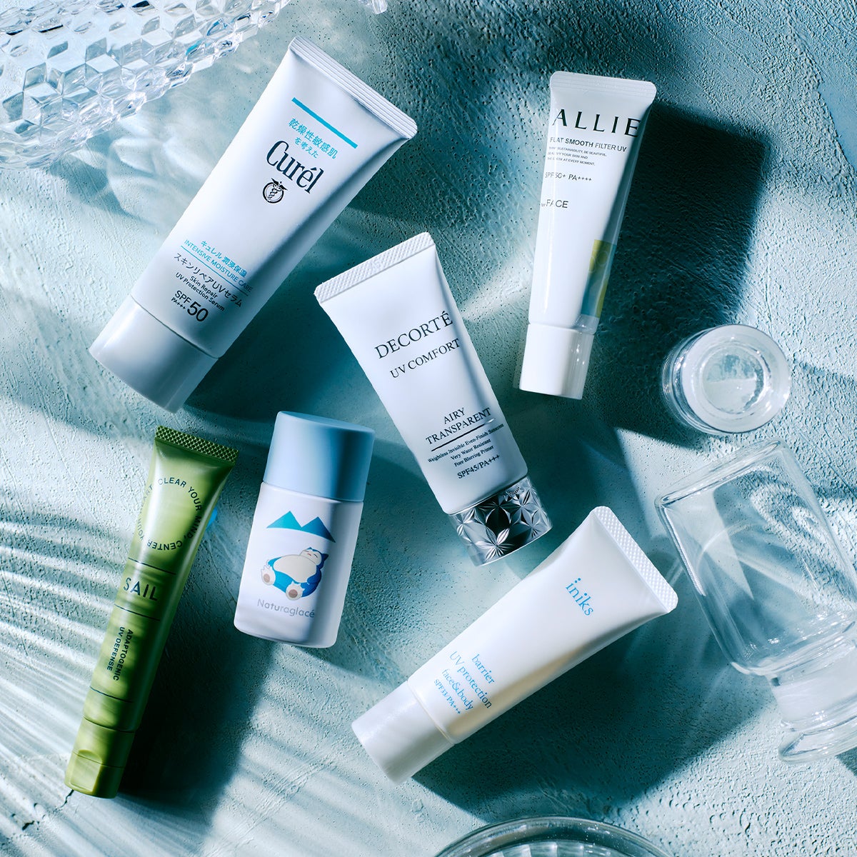 ALLIEのクロノビューティ フラット スムースフィルターUV、DECORTÉのUV コンフォート エアリートランスペアレント、iniksのバリアUVプロテクション フェイス&ボディ、Curélの潤浸保湿 スキンリペアUVセラム、NaturaglacéのUVプロテクション ベースP、SAILのアダプトジェニック UV ディフェンス
