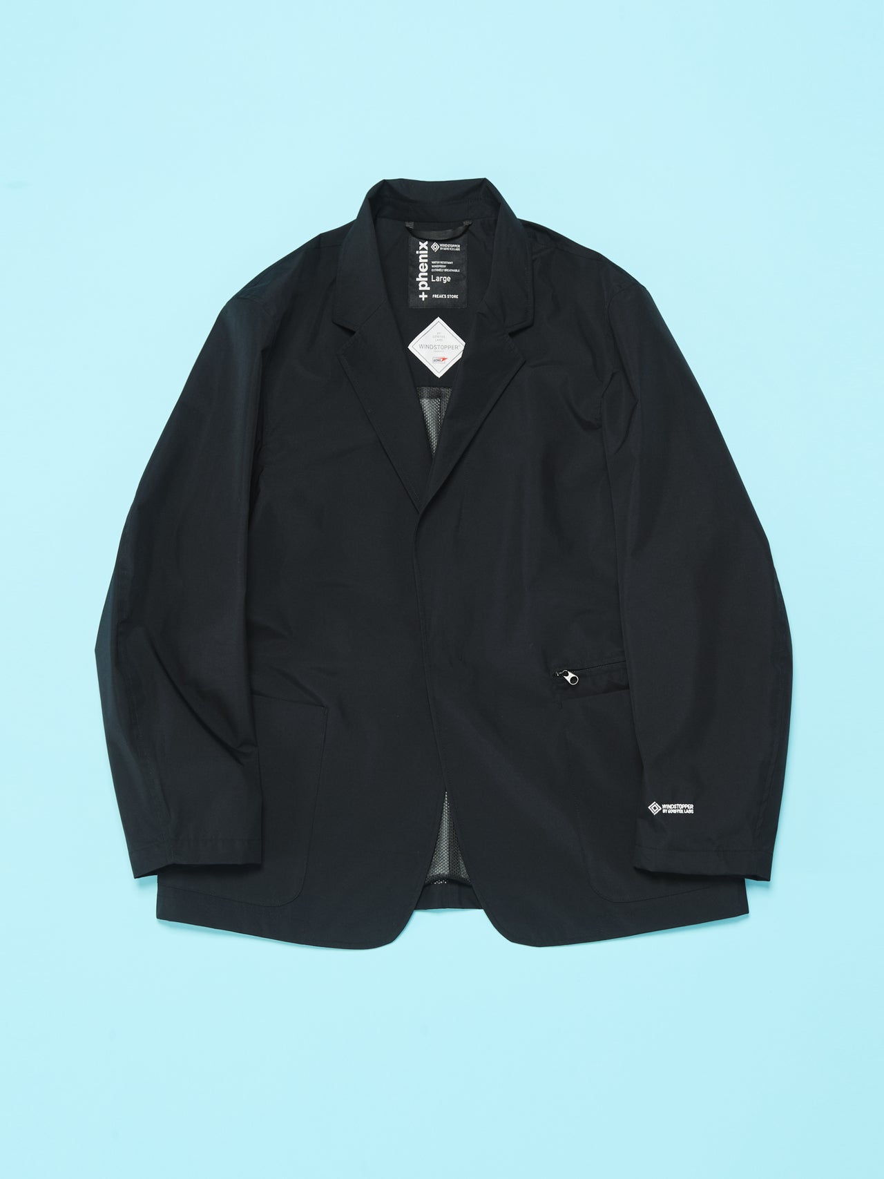 Plus Phenixのフリークス ストア別注黒ゴアテックスジャケット／GORE-TEX WINDSTOPPER PACKABLE TAILORED JACKET