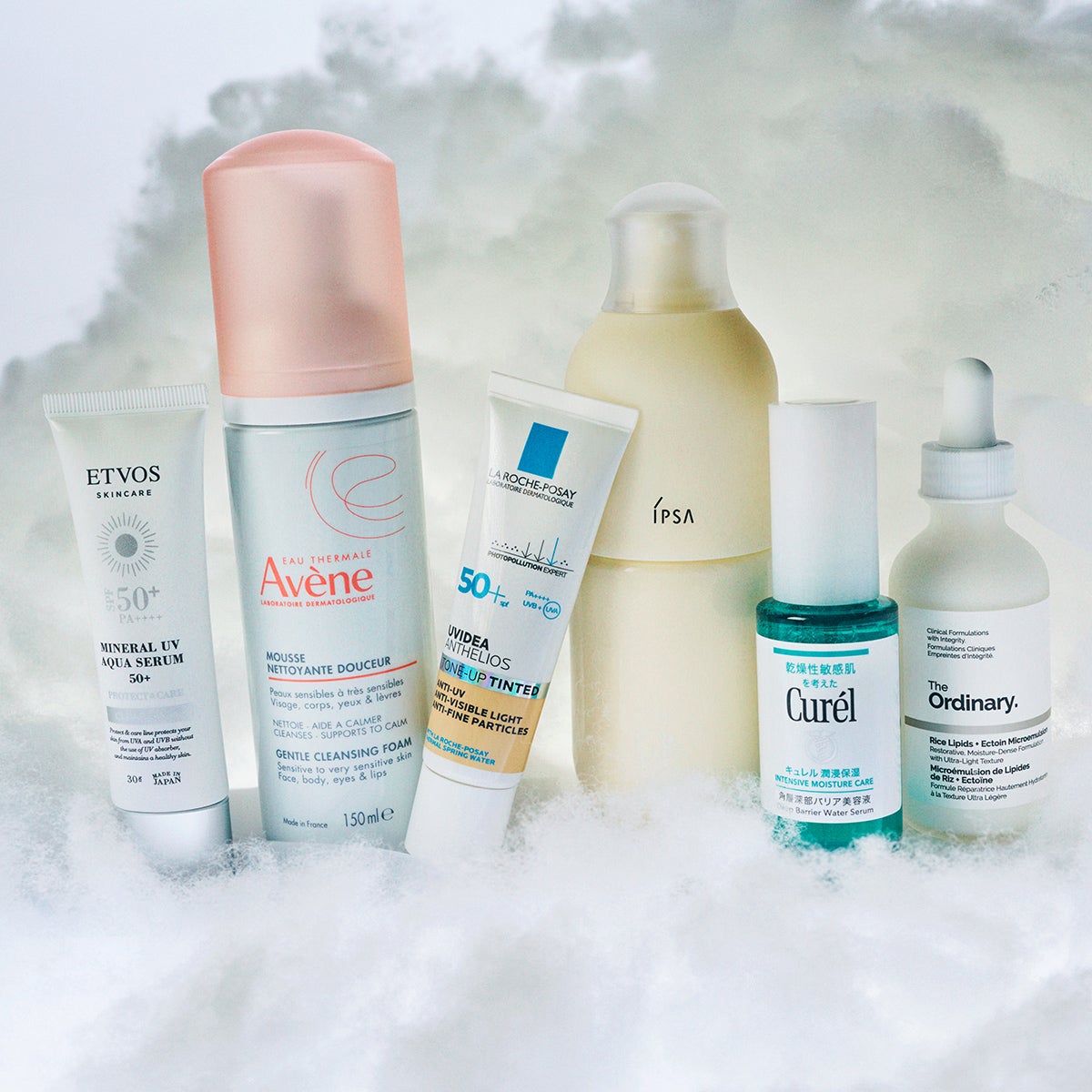 The OrdinaryのライスLE　マイクロエマルジョン、Cur&eacute;lの潤浸保湿　角層深部バリア美容液、IPSAのME センシティブ n 4、LA ROCHE-POSAYのUVイデア XL プロテクショントーンアップ ティント、Av&egrave;neのアベンヌ　スキンバランス　フォーム　モイスト、ETVOSのミネラルUVアクアセラム50+ クリアグロウ