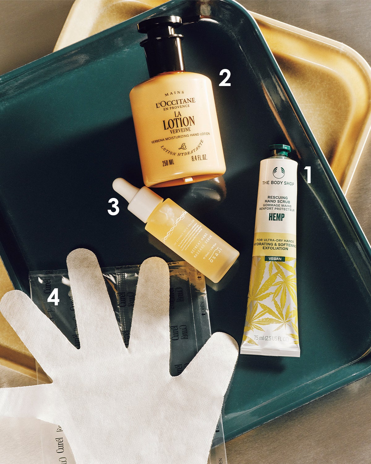 ・HP ハンドスクラブ　・ラ ローシオン ジェントルハンドローション　・オサジ リトリート ハンド マッサージ セラム　・ハンドケアマスク