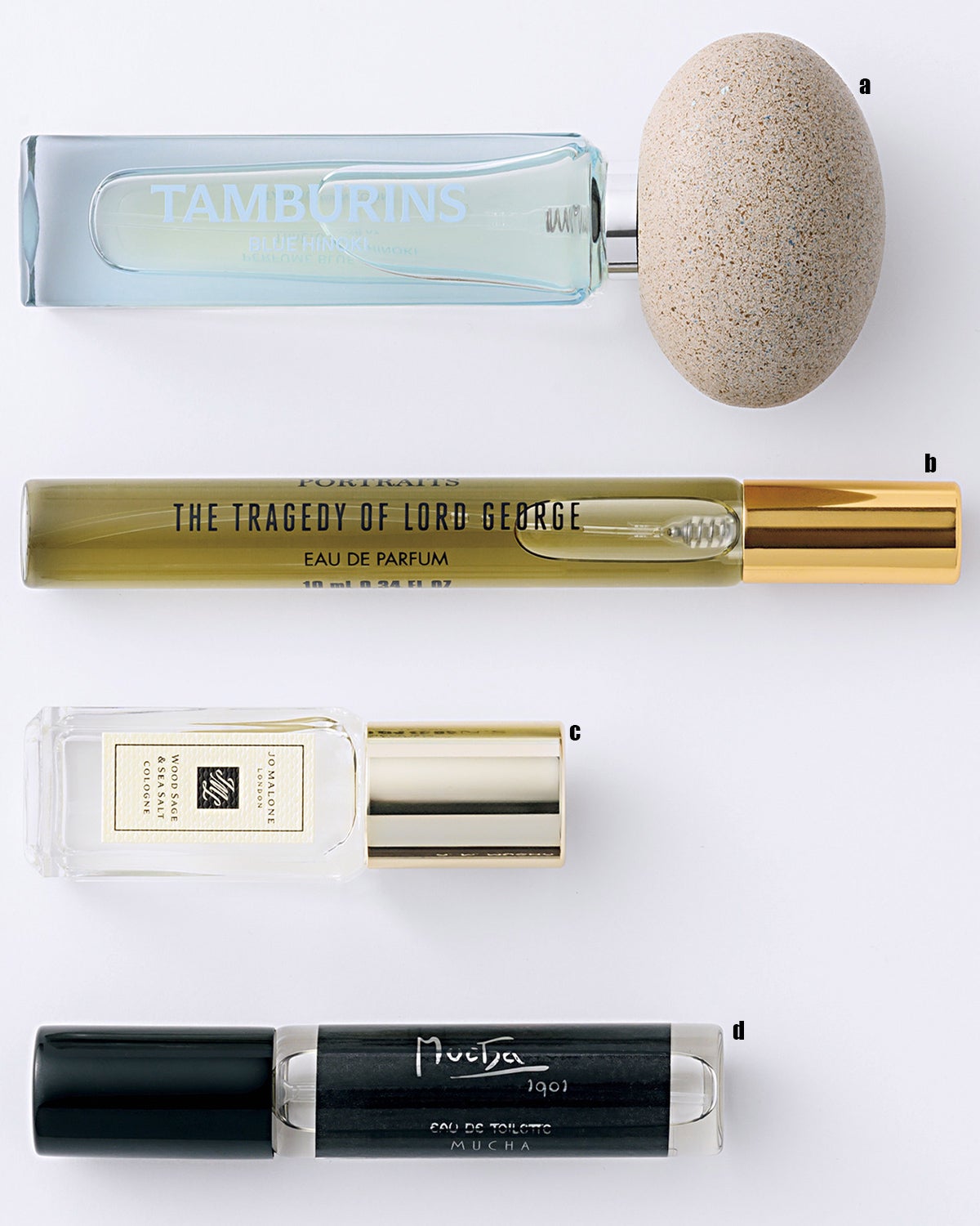 TAMBURINSのブルーヒノキ、PENHALIGON&rsquo;Sのザ トラジェディ オブ ロード ジョージ オードパルファム、JO MALONE LONDONのウッド セージ ＆ シー ソルト、MUCHAのアルフォンス・ミュシャ 1901