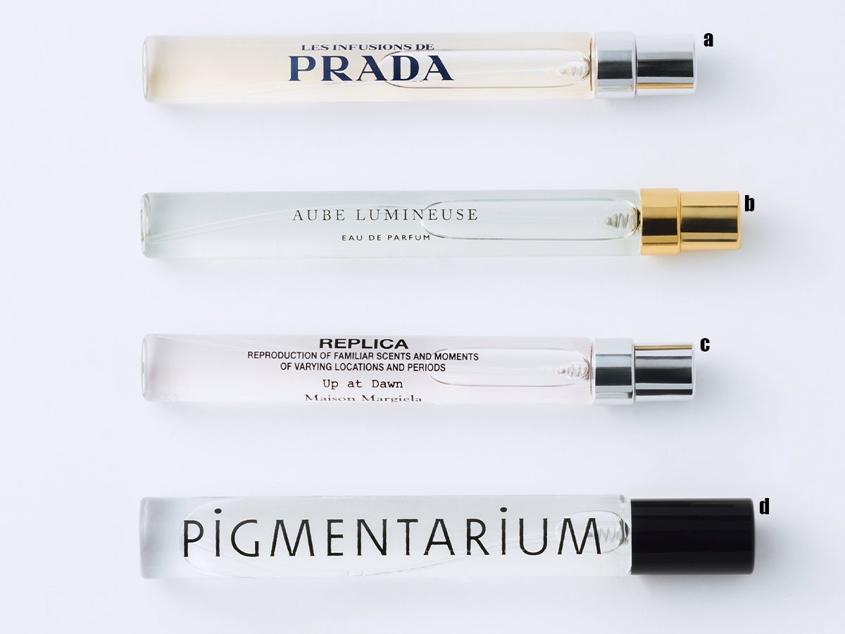 PRADA BEAUTYのインフュージョン ドゥ プラダ サンタル チャイ オーデパルファム、Reserve en Afriqueのオーブ ルミヌーズ｜輝きの夜明け、Maison Margielaのレプリカ オードトワレ アップ アット ドーン、PIGMENTARIUMのパラディソ