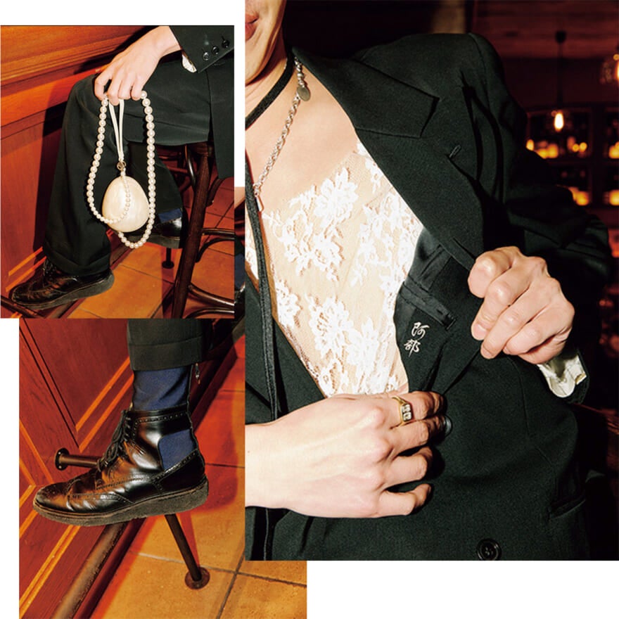 TOGA ARCHIVES × H&Mのシューズ、SIMONE ROCHAのバッグ、祖父のお下がりのセットアップ