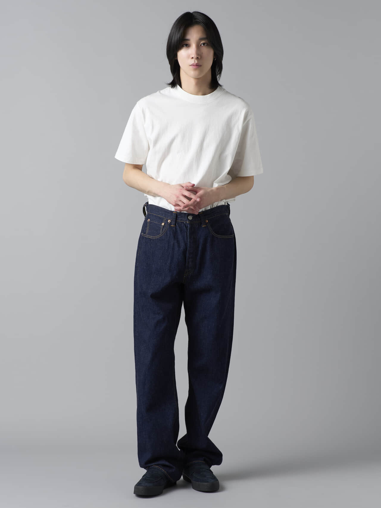 FULLCOUNT、Wide Denim (Super Smooth）、正面、モデルカット、四坂亮翔