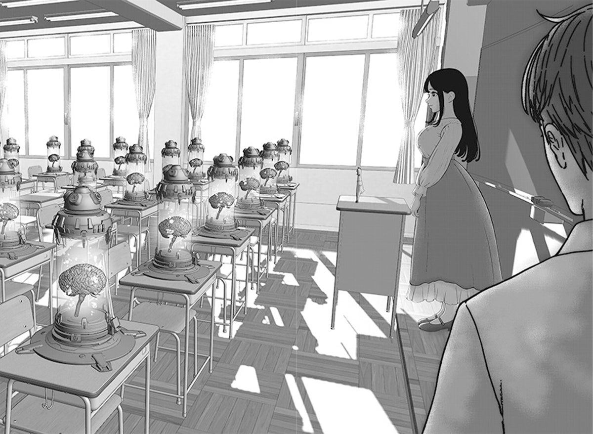 漫画『群脳教室』より、教室中に脳だけのクラスメートの姿が広がる、衝撃的なシーン。