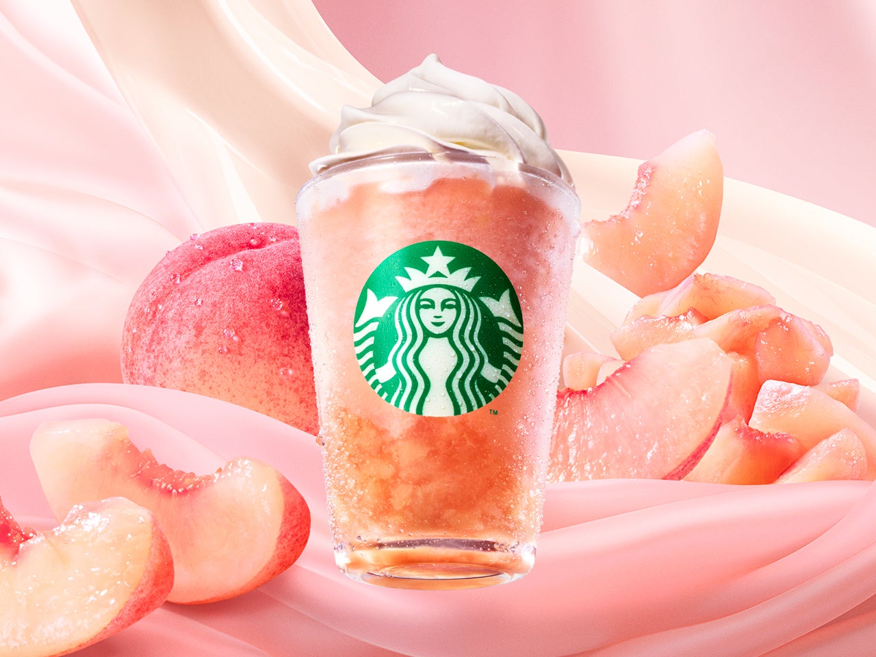 スタバ2026桃『ピーチ & ピーチミルク フラペチーノ®』ビジュアル