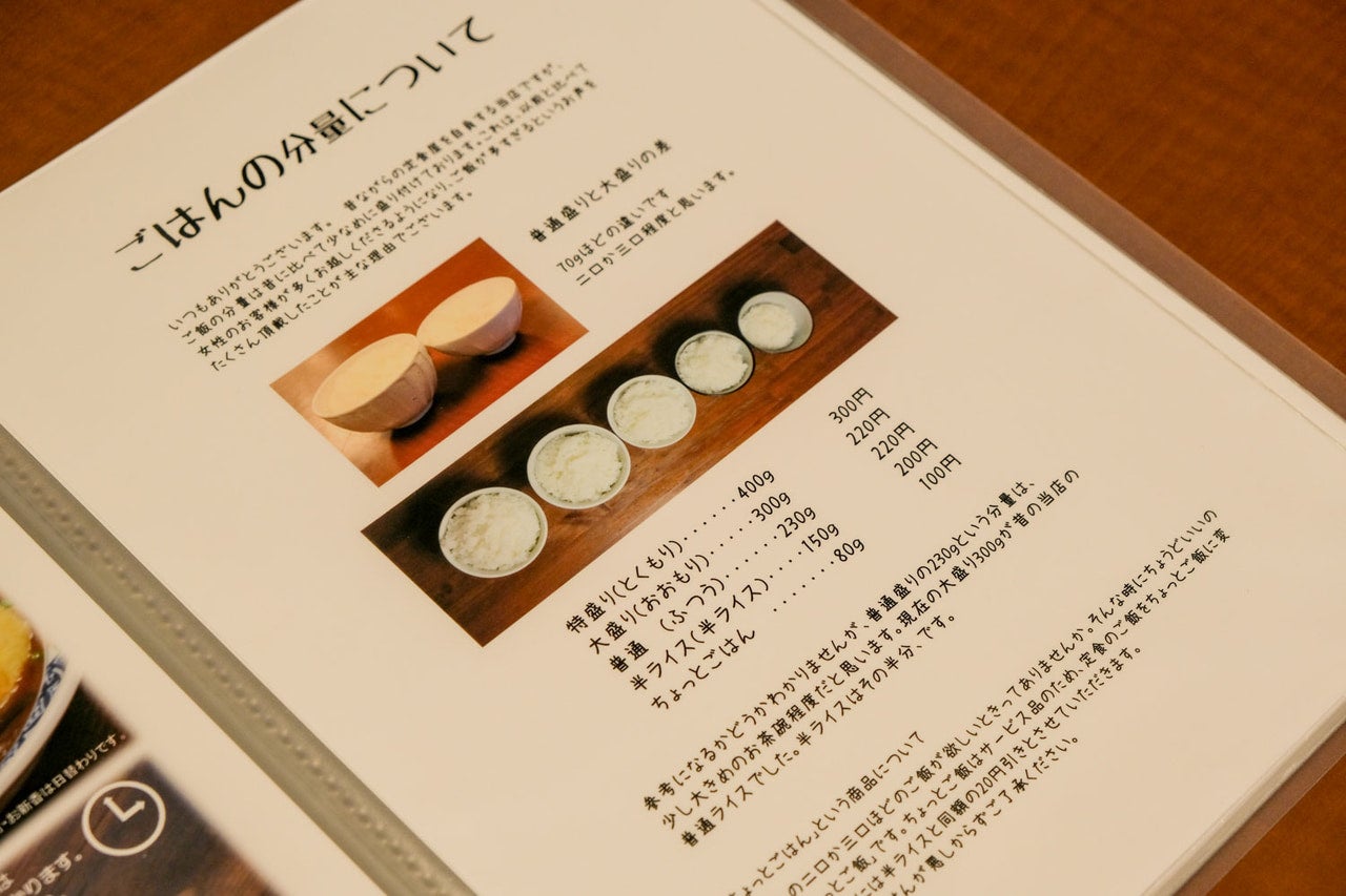 東京都中野区『野方食堂』ご飯の分量について書かれたページ