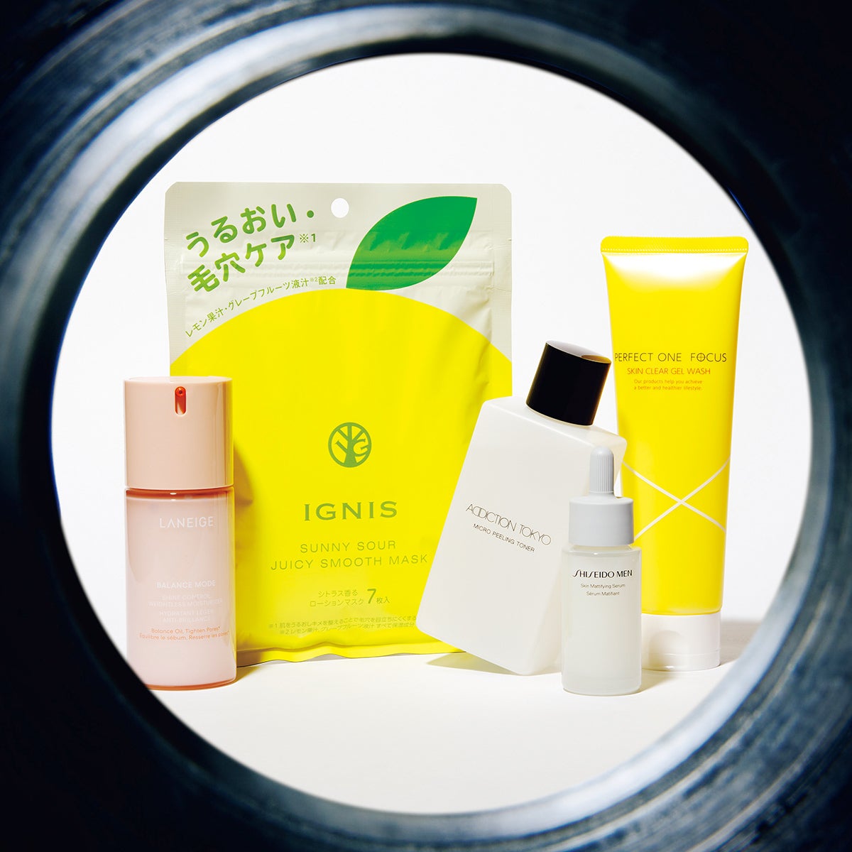 PERFECT ONE FOCUSのスキンクリアジェルウォッシュ、SHISEIDO MENのSHISEIDO メン スキンマットセラム、ADDICTIONのアディクション マイクロピーリング トナー、IGNISのサニーサワー ジューシースムース マスク、LANEIGEのバランスモード シャイン コントロールモイスチャライザー