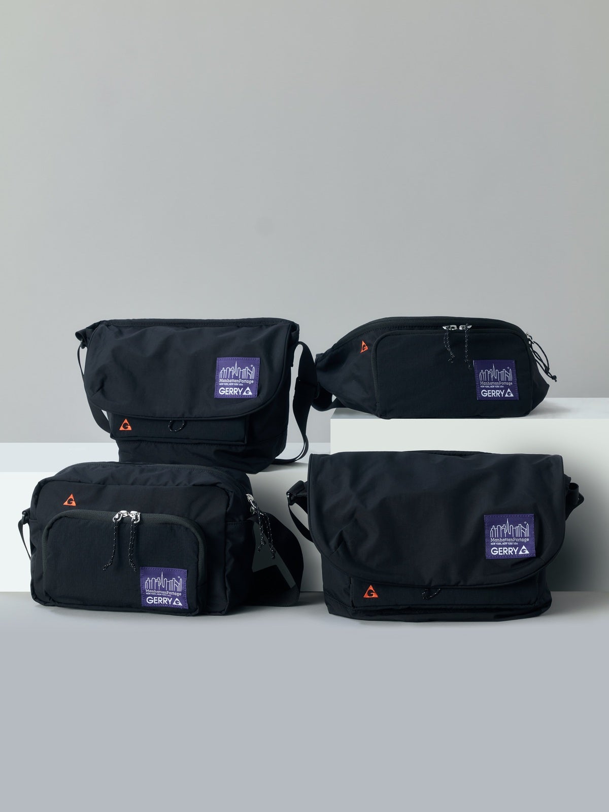 左上：NYLON MESSENGER BAG (XXS) 右上：BROOKLYN BRIDGE WAIST BAG 左下：THE SPRINTER (LG) W/DIV 右下：NYLON MESSENGER BAG JR (SM)