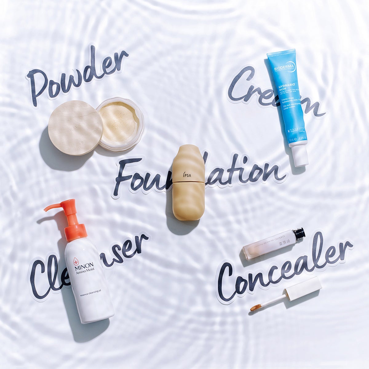BIODERMA イドラビオ ウォータークリーム リッチ、IPSA イプサ セラム ファウンデイション、雪肌精 雪肌精 クリアウェルネス エアリースキンヴェール ファンシーラー、RMK RMK ルースパウダー トランスルーセントマット、ミノン アミノモイスト エッセンス クレンジングオイル