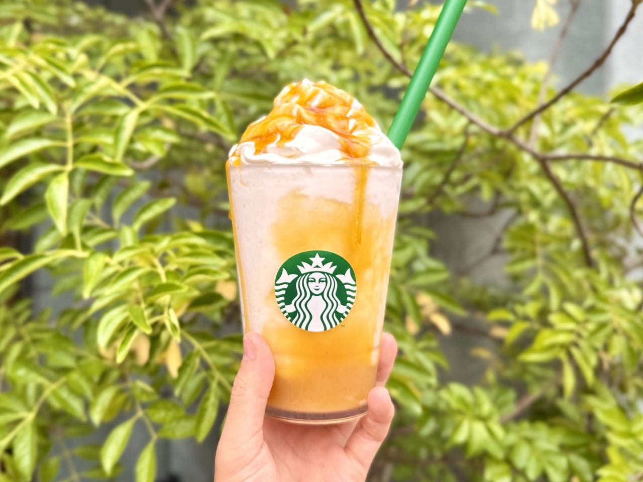 スタバ新作「とろり蜜芋 紅はるか フラペチーノ®」オススメカスタム手持ち正面